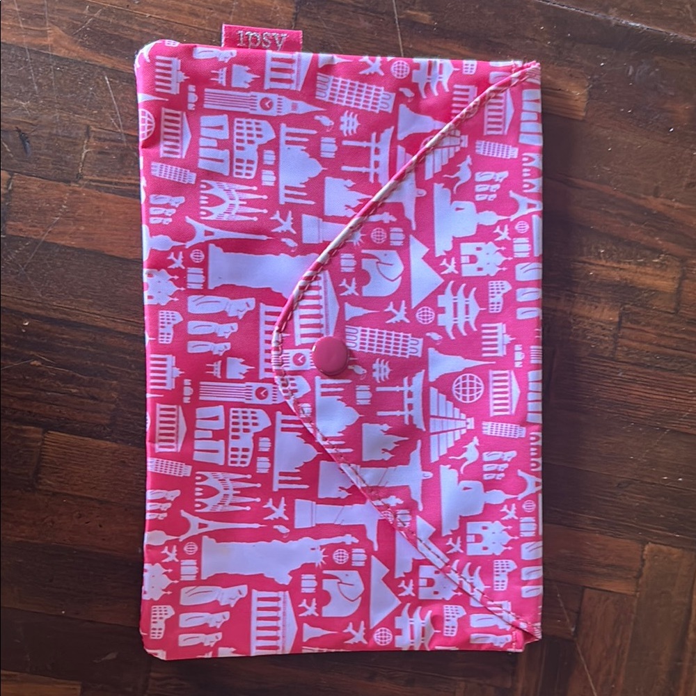 Pink and White Travel-Themed Pouch